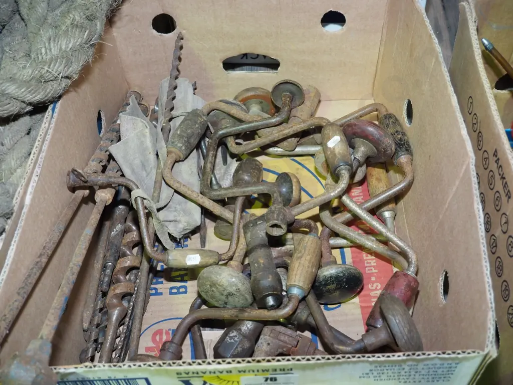 box; rusty drill braces, auger Image 1++