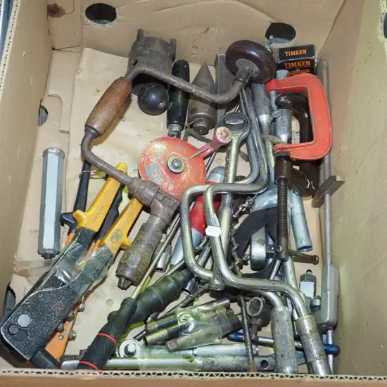 box of tools; rachets, braces, pot riveter etc