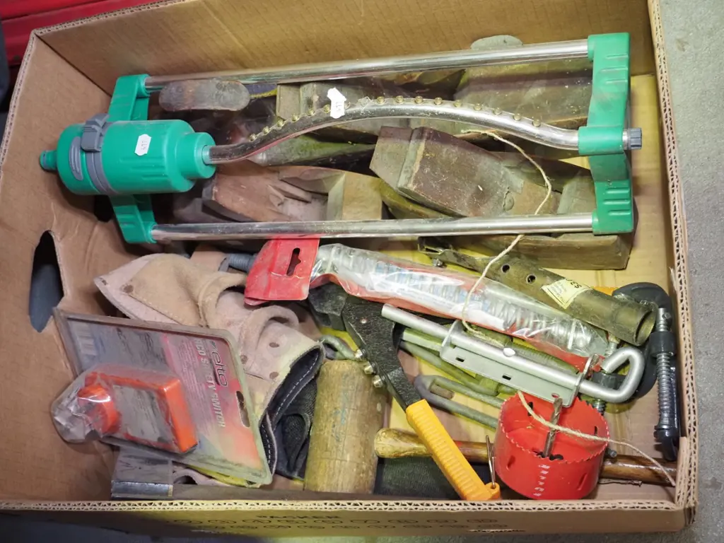 box; wooden hand planes, garden sprinkler, builders belt etc Image 1++
