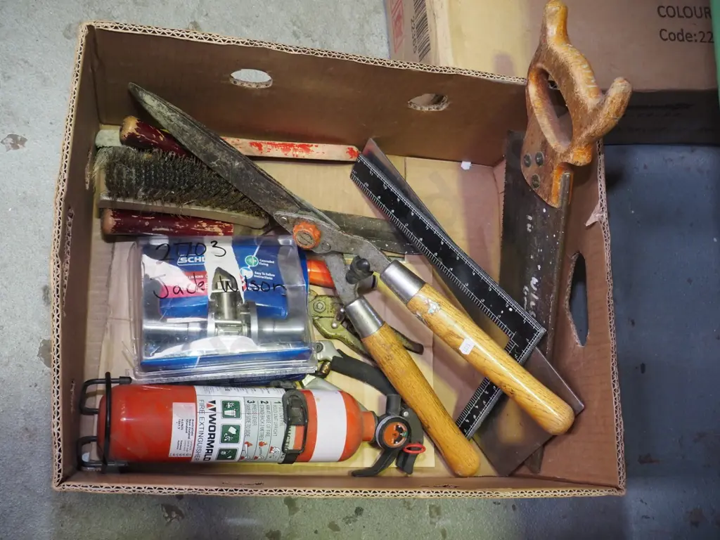 box; hand saw, builder's square, edge clippers etc Image 1++