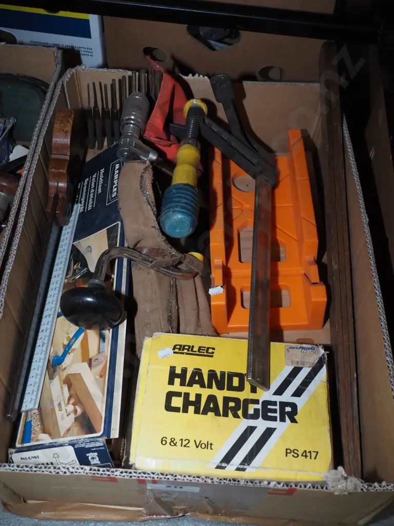 box; hand saw, hold fast clamp, auger brace and bits etc Image 1++