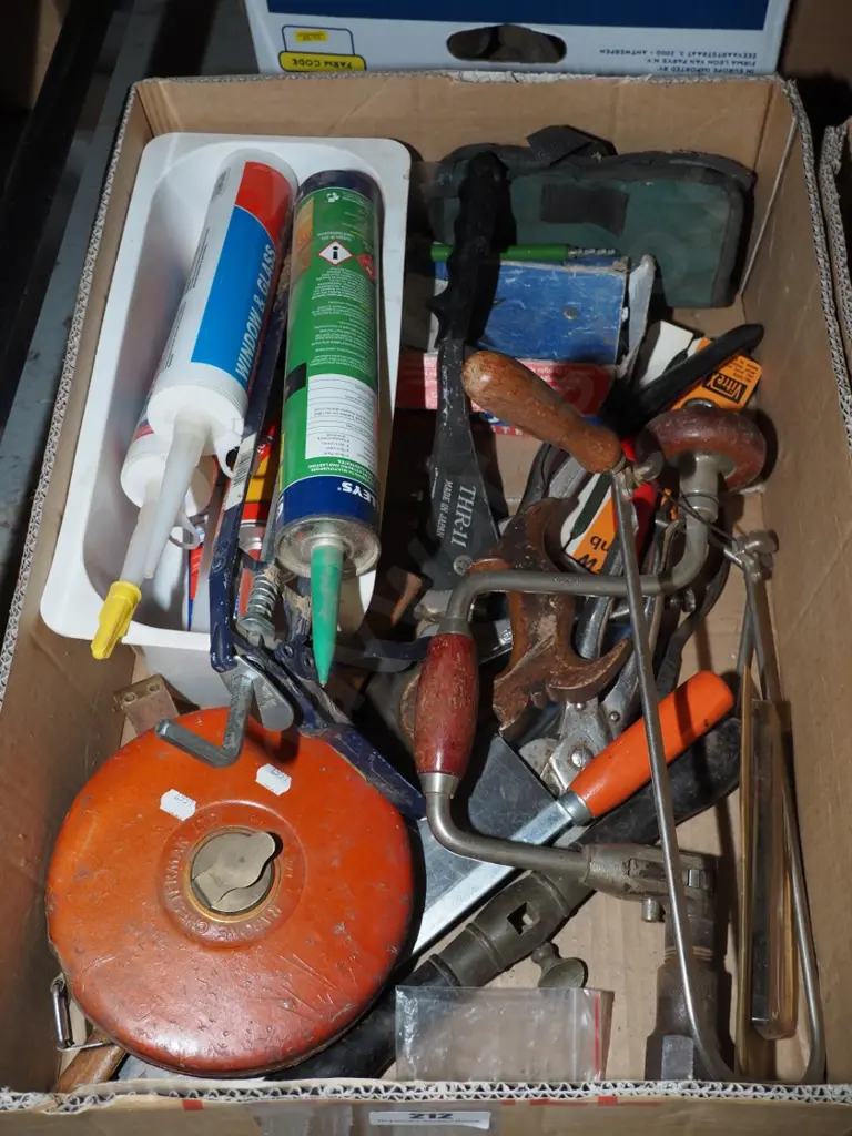 box; silicon sealants, bow saw, builder's tape etc Image 1++