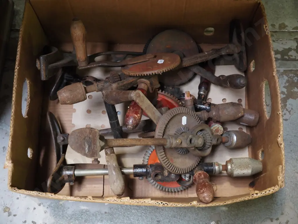 box of vintage rusty egg beater drills Image 1++