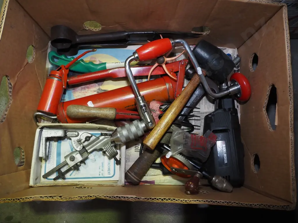 box; builder's drill brace, drill, sharpening stone, grease gun etc Image 1++
