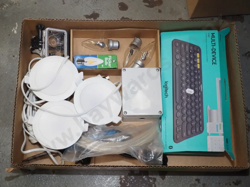 box; Logitec keyboard, lights, Go-Pro camera case etc Image 1++