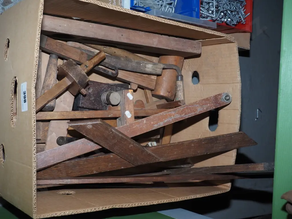 box; wooden hand tools, marker gauges, spoke shave, angle finders etc Image 1++