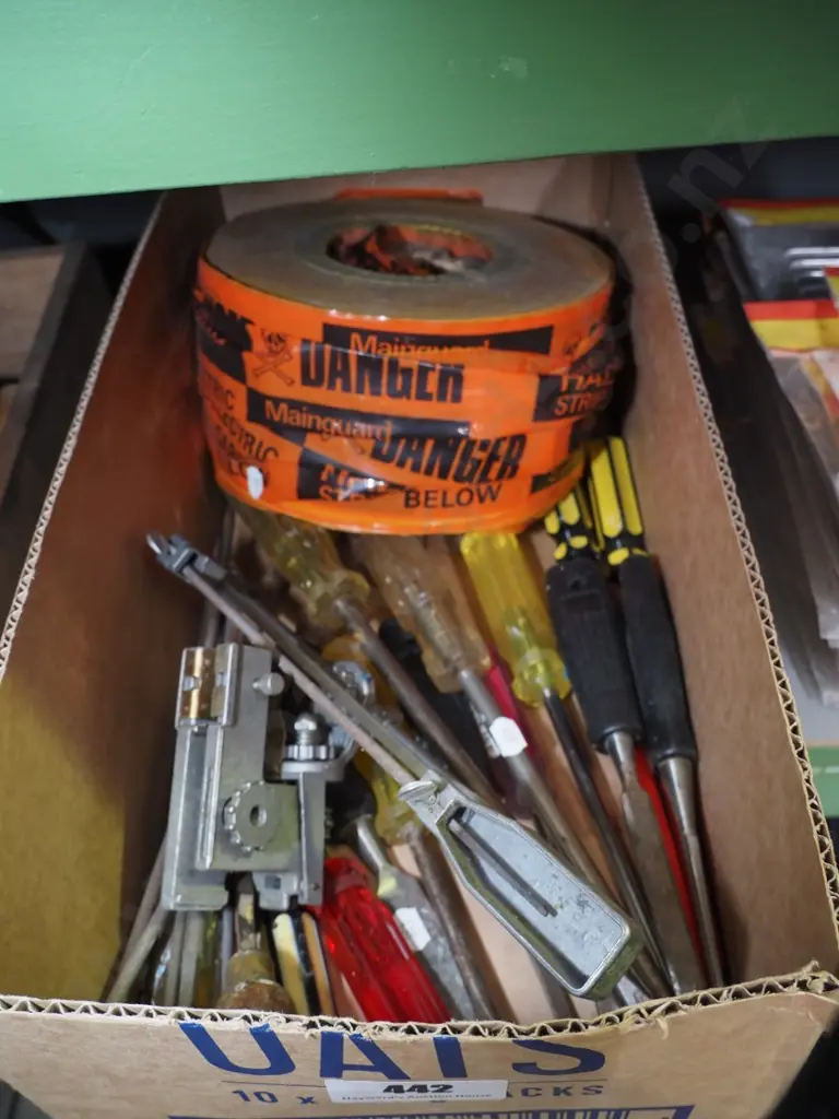 box; electrical cable tape, chainsaw sharpener, chisels  Image 1++
