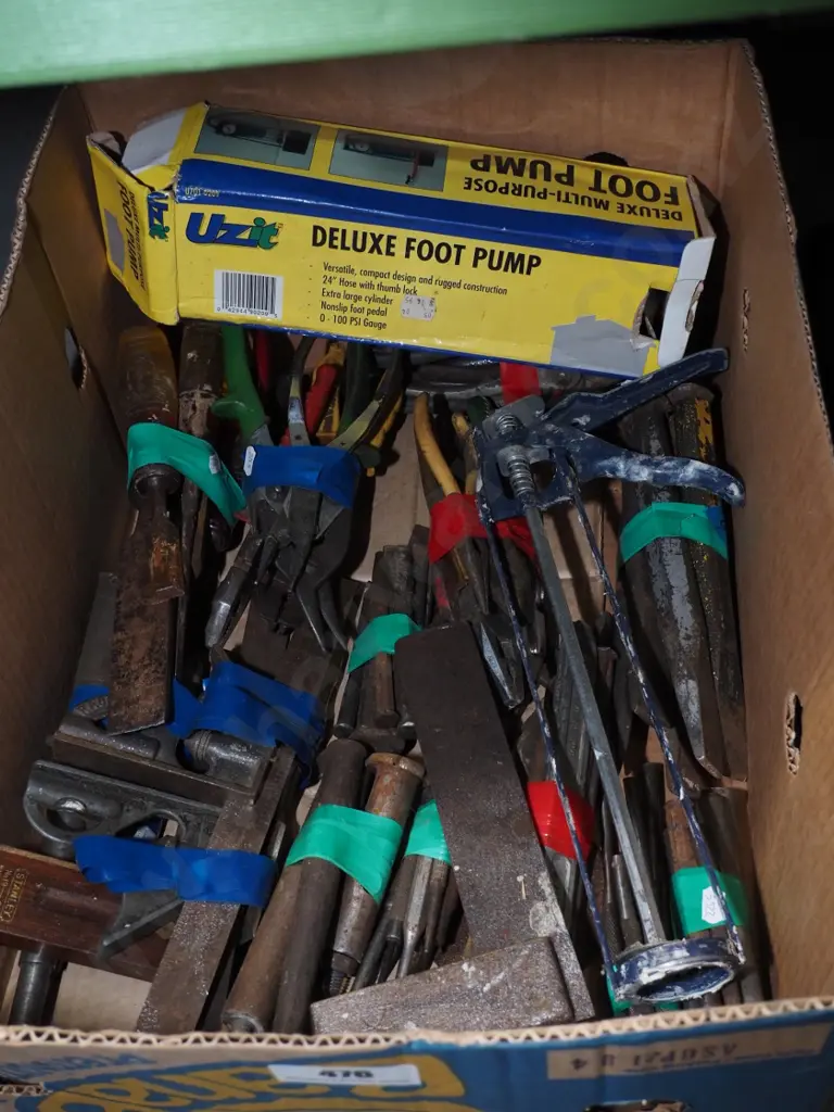 box; foot pump, caulking gun, builders squares etc Image 1++
