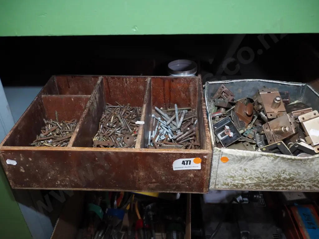 wooden tray of various screws, cupboard door latches - orange dots Image 1++