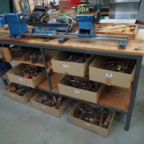 woodworker's lathe on wood and metal stand and accessories - orange dots Table H-880 W-1840 D-610