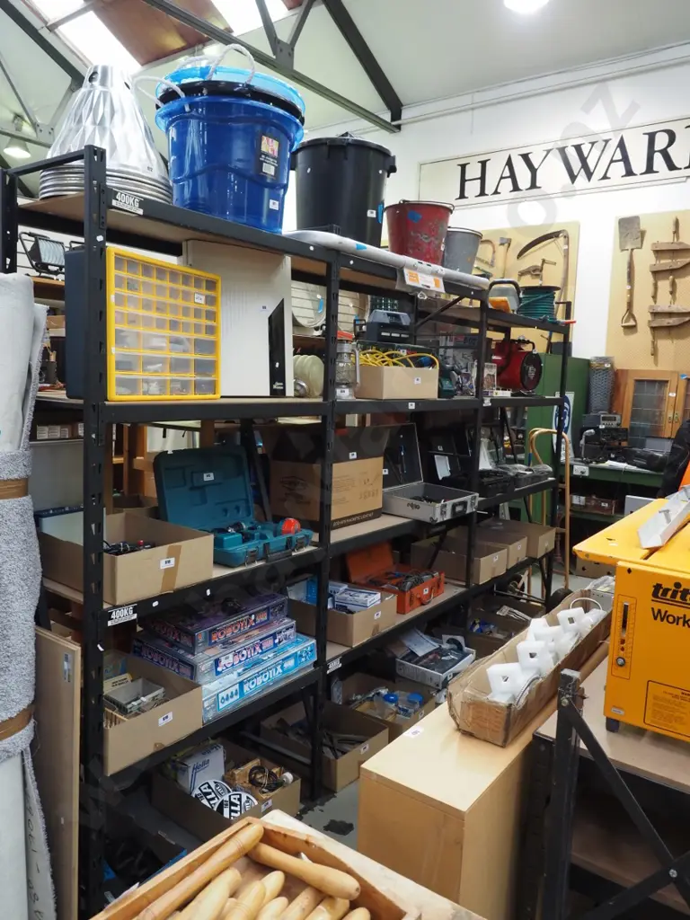 metal and wood workshop shelving unit - hooks, accessories plus spare boards H-2440 W-3515 D-430 Image 1++