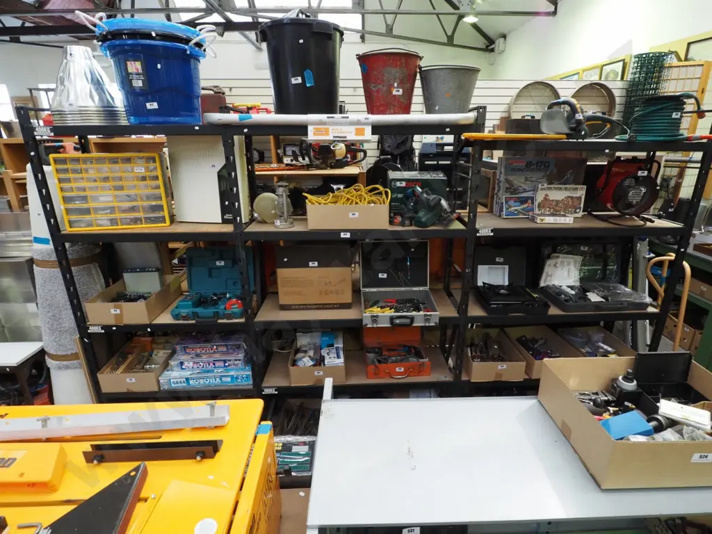 metal and wood workshop shelving unit - hooks, accessories plus spare boards H-2440 W-3515 D-430 Image 1++