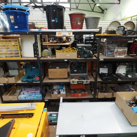 metal and wood workshop shelving unit - hooks, accessories plus spare boards H-2440 W-3515 D-430