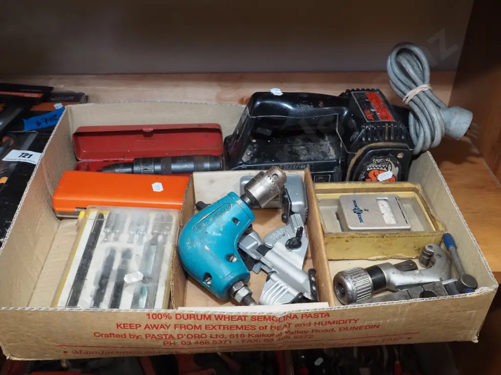 box; belt sander, pipe cutter, right angle drill adaptor Image 1++