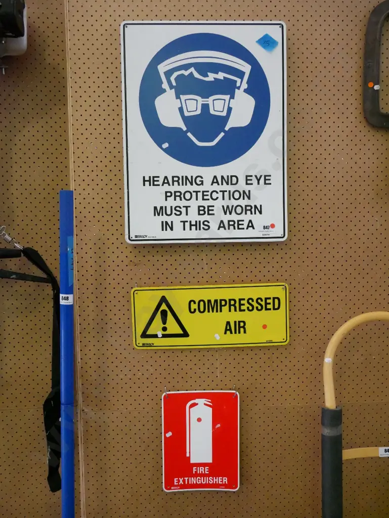5x hearing and eye protection signs, compressed air sign, fire extinguisher sign - red dots Image 1++