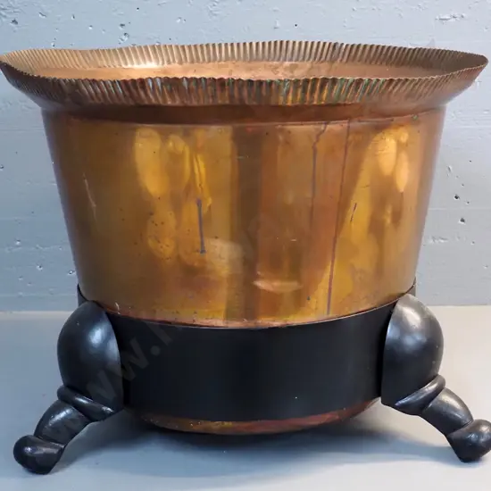 copper wood bin with black painted iron 3-footed stand H-470 D-590