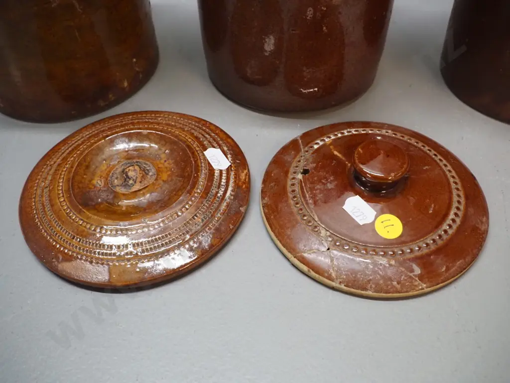 Luke Adams Sydenham stoneware pottery - three small crocks H160, D160, one with hole drilled, 2 lids with damage/repairs Image 1++