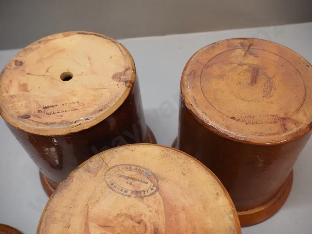 Luke Adams Sydenham stoneware pottery - three small crocks H160, D160, one with hole drilled, 2 lids with damage/repairs Image 1++