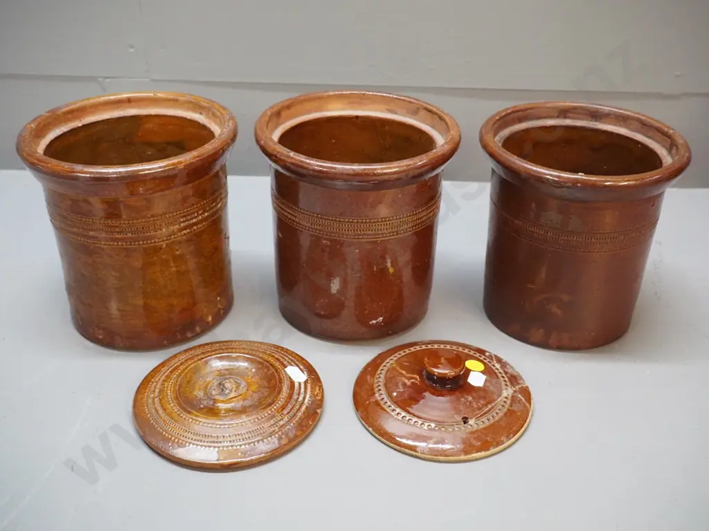 Luke Adams Sydenham stoneware pottery - three small crocks H160, D160, one with hole drilled, 2 lids with damage/repairs Image 1++