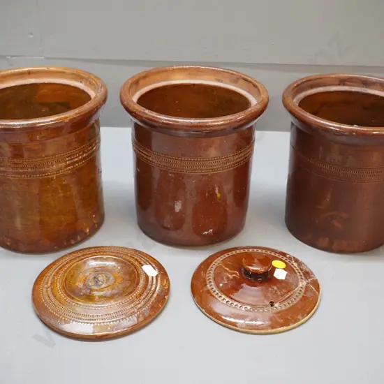 Luke Adams Sydenham stoneware pottery - three small crocks H160, D160, one with hole drilled, 2 lids with damage/repairs