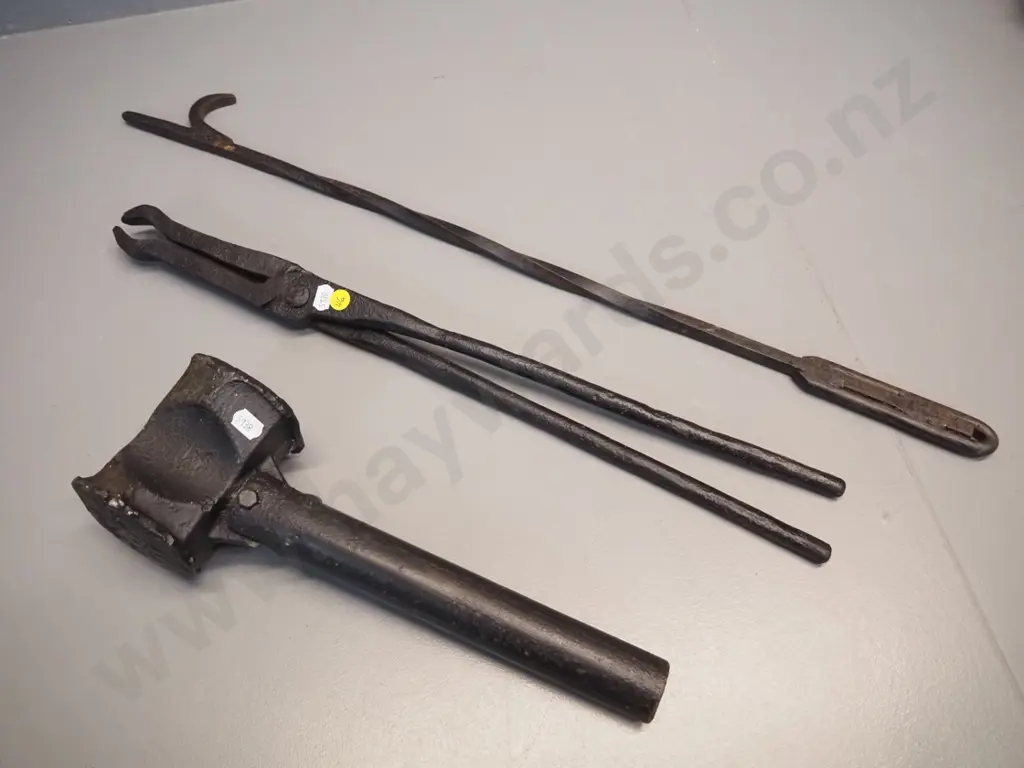 vintage cast iron blacksmith's tools - poker L-690, tongs and hammer Image 1++