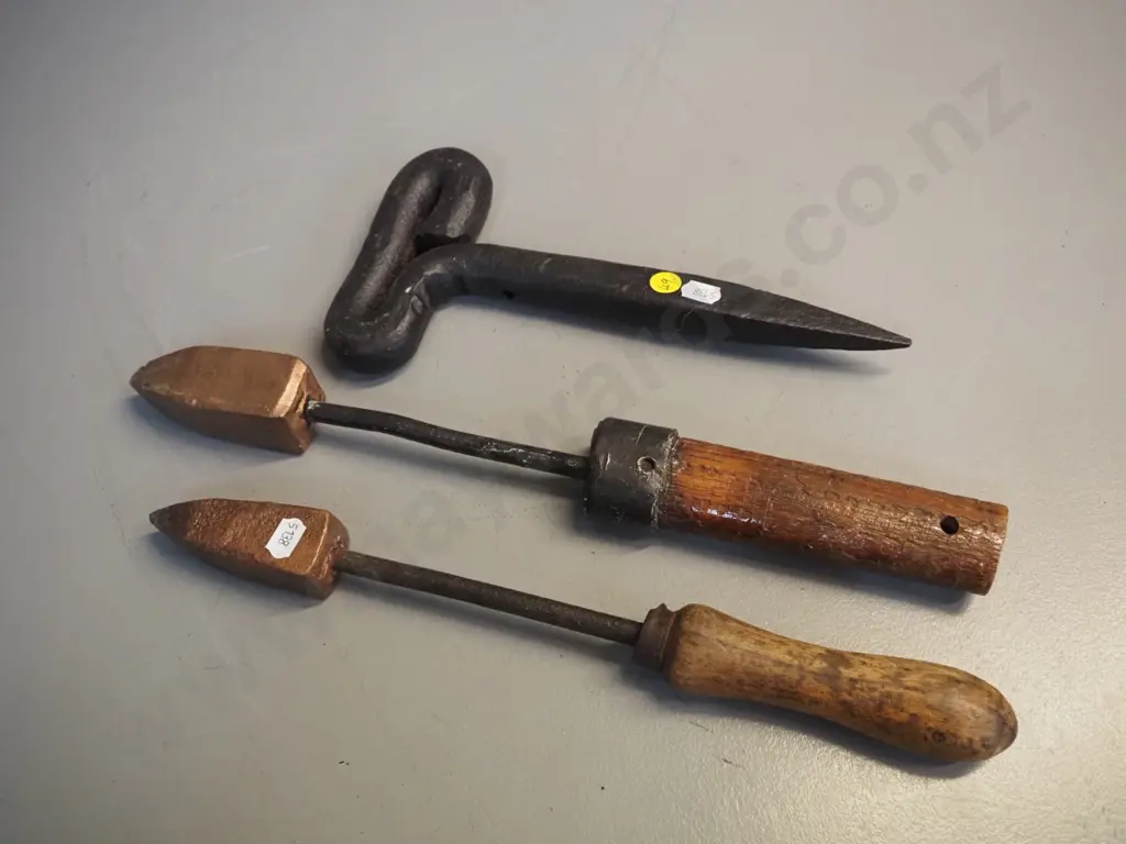 3 vintage tools - 2 soldering irons, longer L-380, and forged iron spike Image 1++