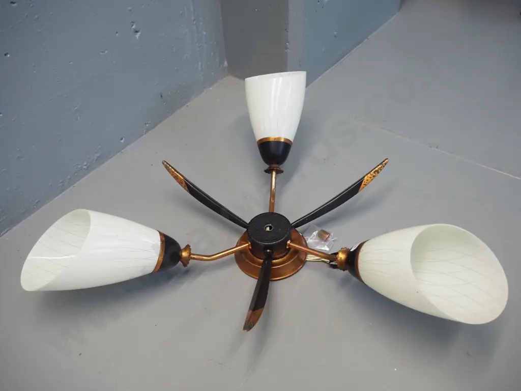 mid-century Academy Lighting NZ 3-light copper ceiling light fitting - one glass shade has hairline crack W-530 H-170 Image 1++