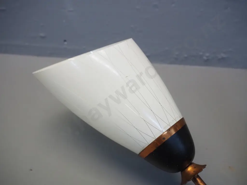 mid-century Academy Lighting NZ 3-light copper ceiling light fitting - one glass shade has hairline crack W-530 H-170 Image 1++