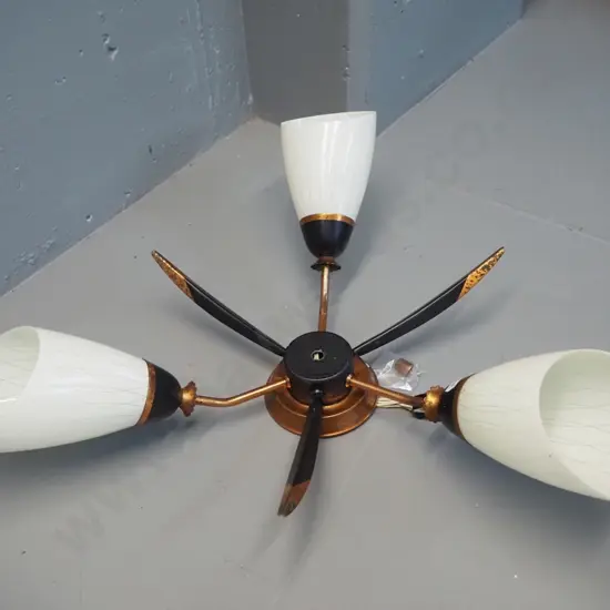 mid-century Academy Lighting NZ 3-light copper ceiling light fitting - one glass shade has hairline crack W-530 H-170