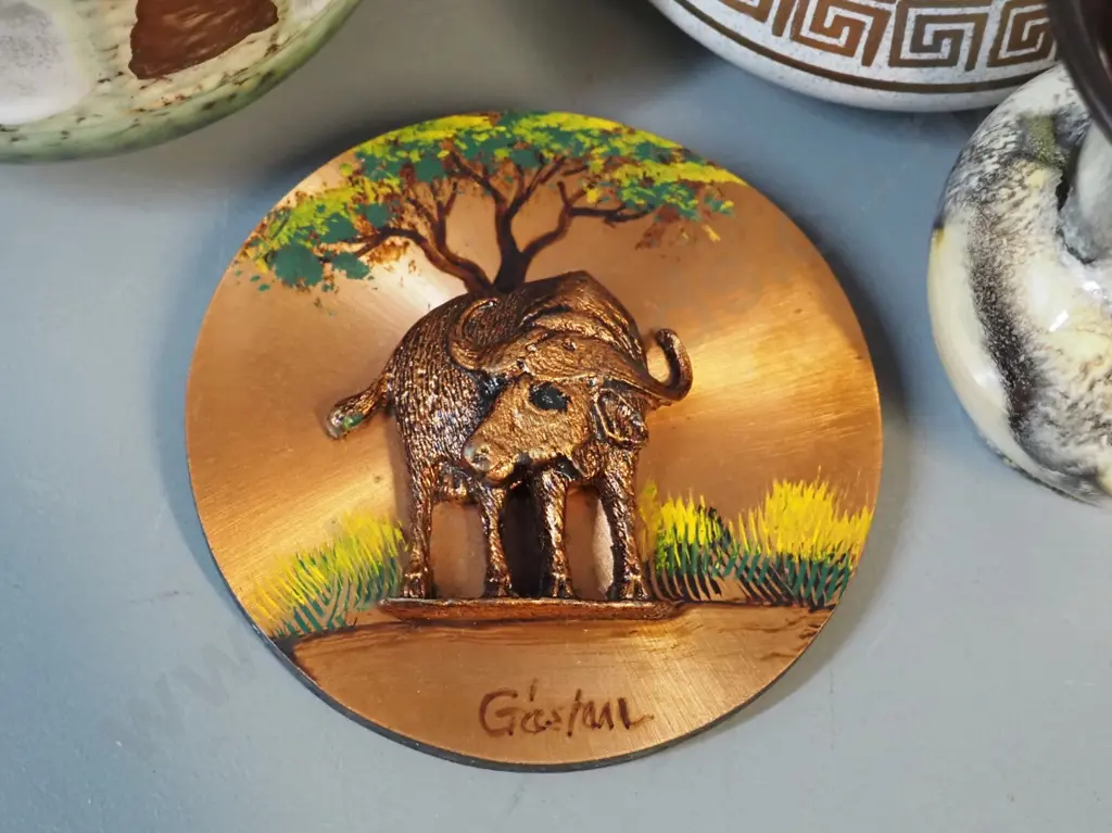 4 German pottery vases and a small copper finish souvenir water buffalo plaque. Tallest vase H-220 Image 1++