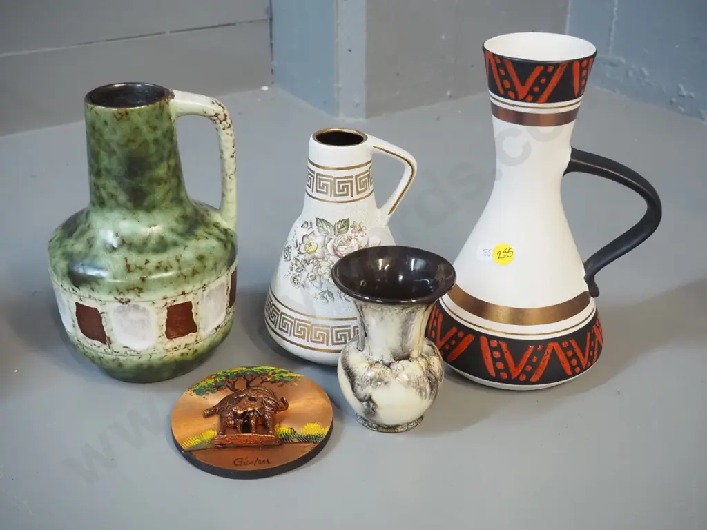 4 German pottery vases and a small copper finish souvenir water buffalo plaque. Tallest vase H-220 Image 1++