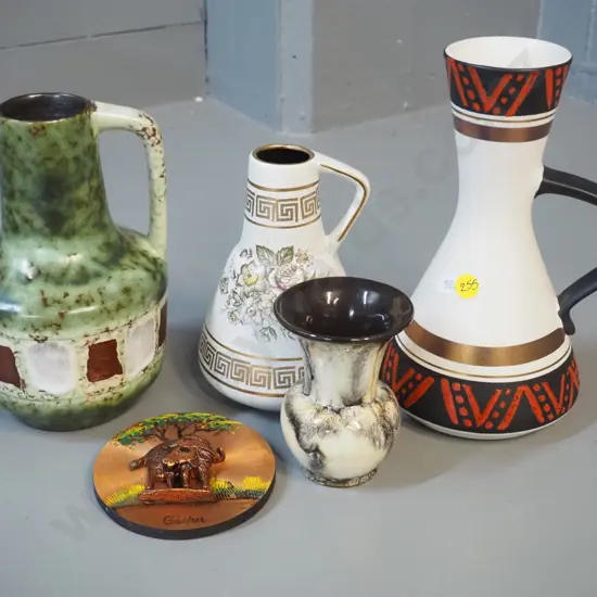 4 German pottery vases and a small copper finish souvenir water buffalo plaque. Tallest vase H-220