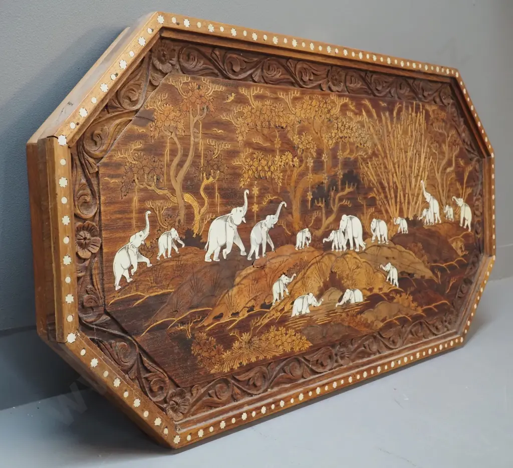 Indian carved and inlaid timber and bone table top converted to wall hanging plaque H-500 W-1020 D-65 Image 1++