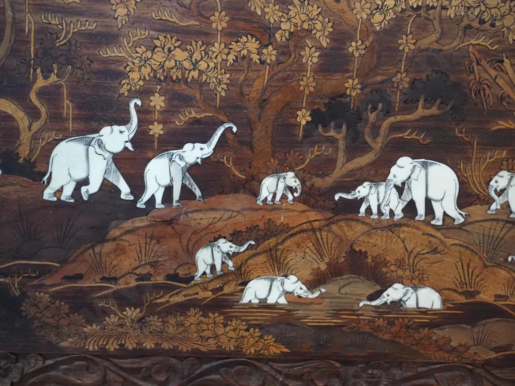 Indian carved and inlaid timber and bone table top converted to wall hanging plaque H-500 W-1020 D-65 Image 1++