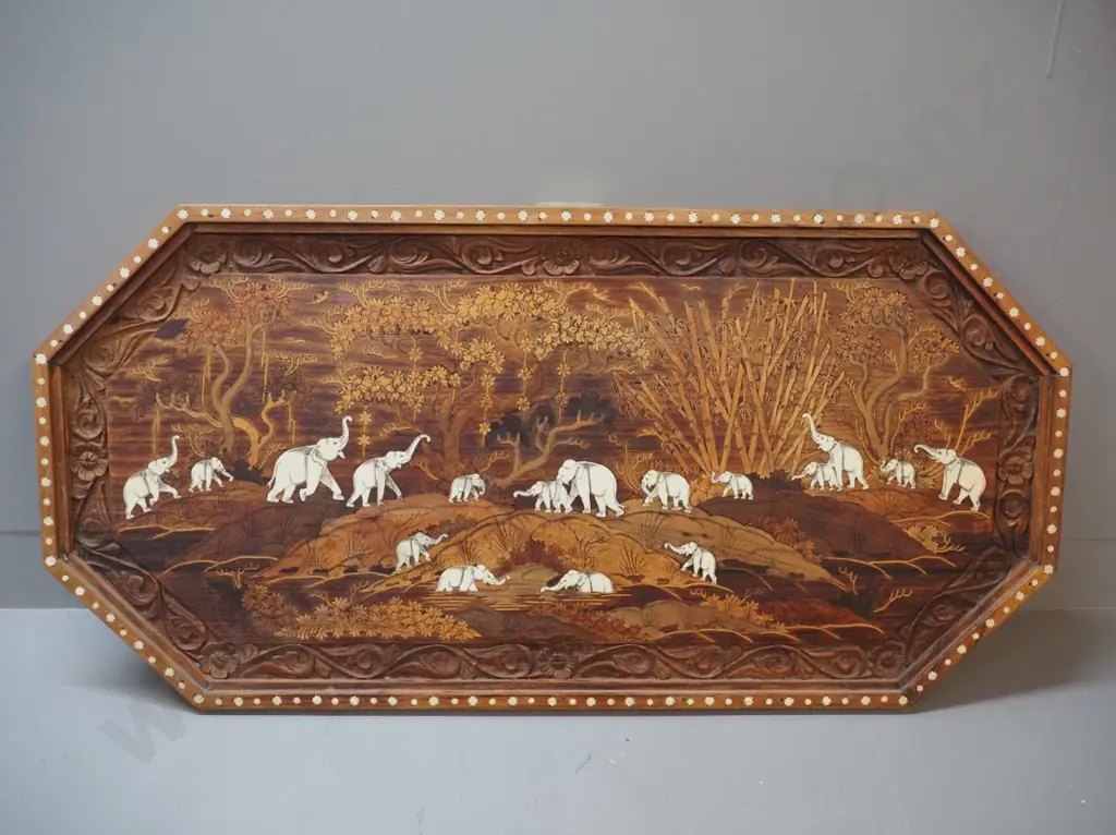 Indian carved and inlaid timber and bone table top converted to wall hanging plaque H-500 W-1020 D-65 Image 1++