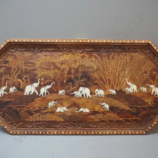 Indian carved and inlaid timber and bone table top converted to wall hanging plaque H-500 W-1020 D-65