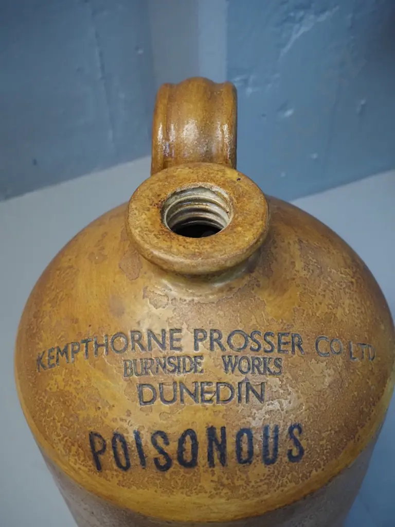 large stoneware handled crock - marked Kempthorne Prosser Dunedin - Poisonous H-500 D-290 Image 1++