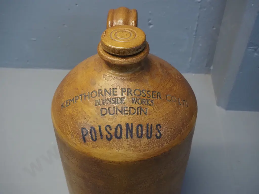 large stoneware handled crock - marked Kempthorne Prosser Dunedin - Poisonous H-500 D-290 Image 1++
