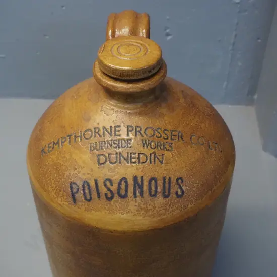 large stoneware handled crock - marked Kempthorne Prosser Dunedin - Poisonous H-500 D-290