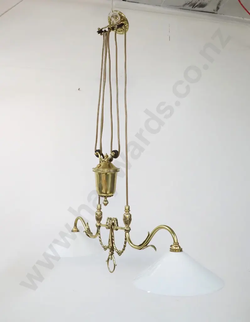 brass 2-bulb rise and fall light fitting with conical milk glass shades - minor dents and wear - W810 including shades Image 1++