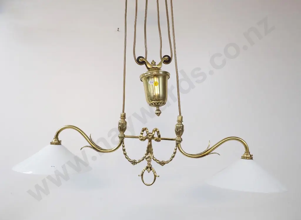 brass 2-bulb rise and fall light fitting with conical milk glass shades - minor dents and wear - W810 including shades Image 1++