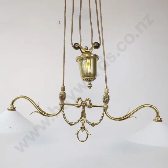 brass 2-bulb rise and fall light fitting with conical milk glass shades - minor dents and wear - W810 including shades