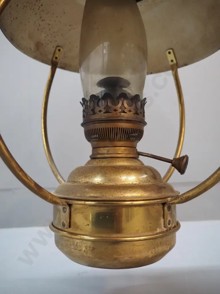 vintage brass kerosene hanging lantern with glass chimney H-500 not including handle. Shade D-300 Image 1++