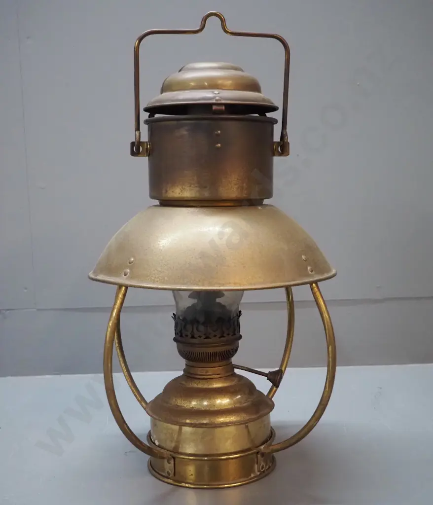 vintage brass kerosene hanging lantern with glass chimney H-500 not including handle. Shade D-300 Image 1++