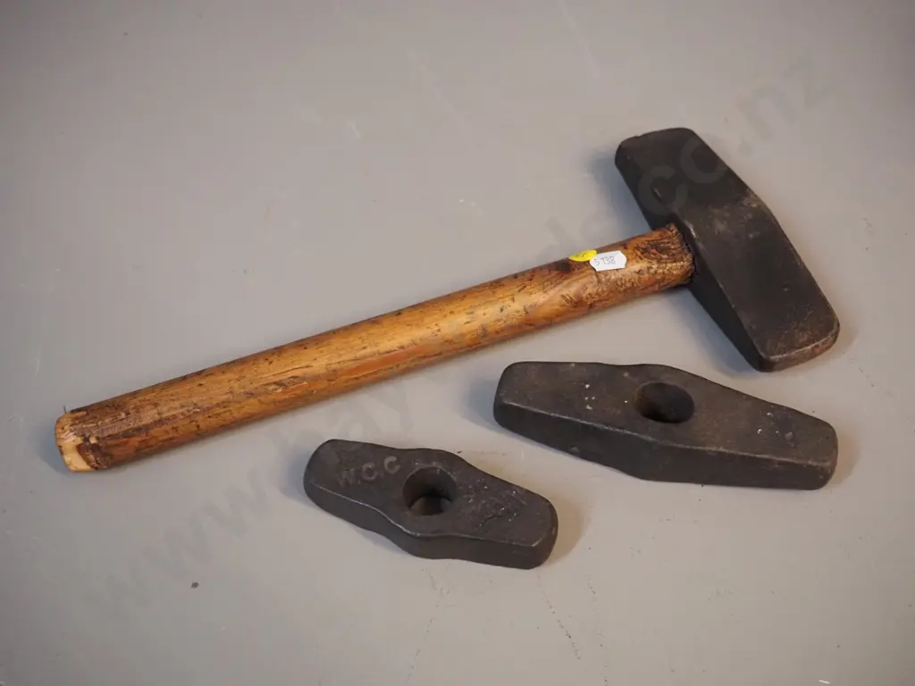 vintage cast iron and wood forge hammer L-360 and 2 heads without handles, one marked "WCC" & "Mann" Image 1++