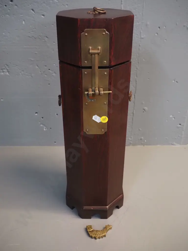 reproduction Chinese octagonal wooden storage canister with hinged lid, brass lock and hardware H-440 D-130 Image 1++