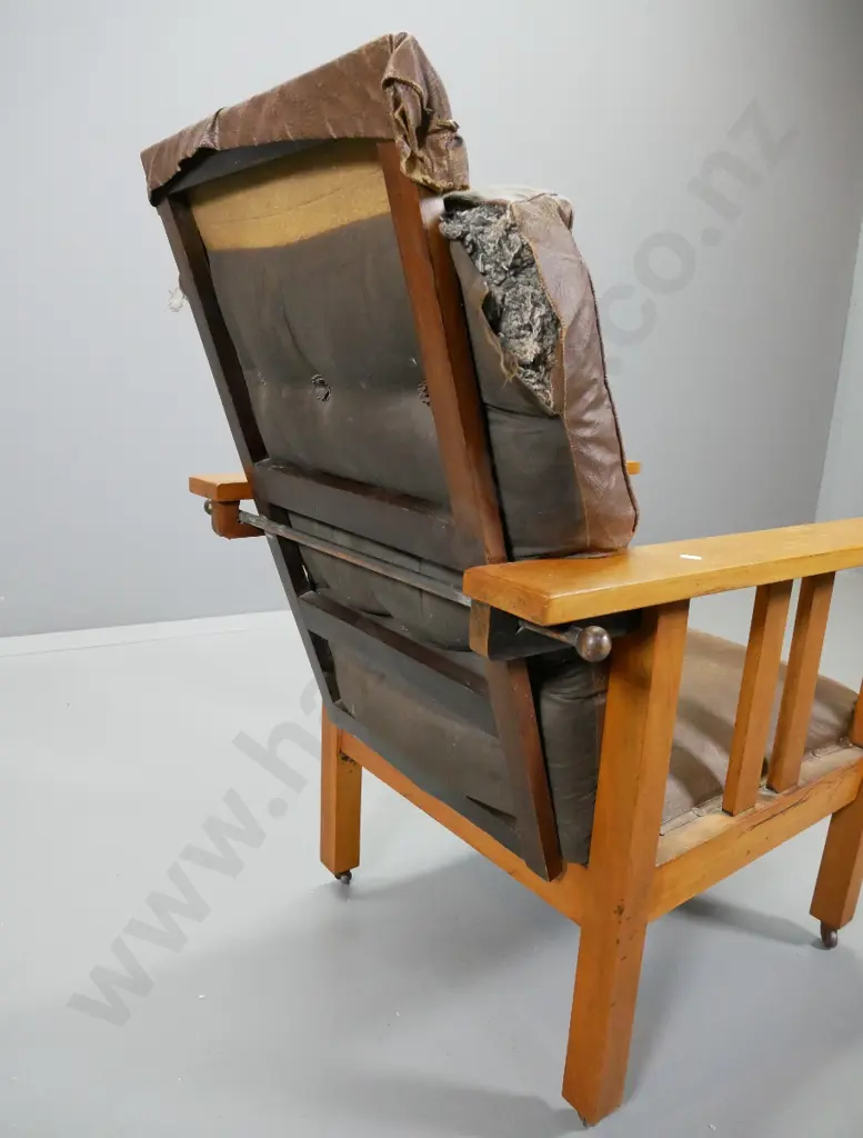 vintage kauri framed arts & crafts Morris chair with original metal back rod, wear & damage to studded brown leatherette Image 1++