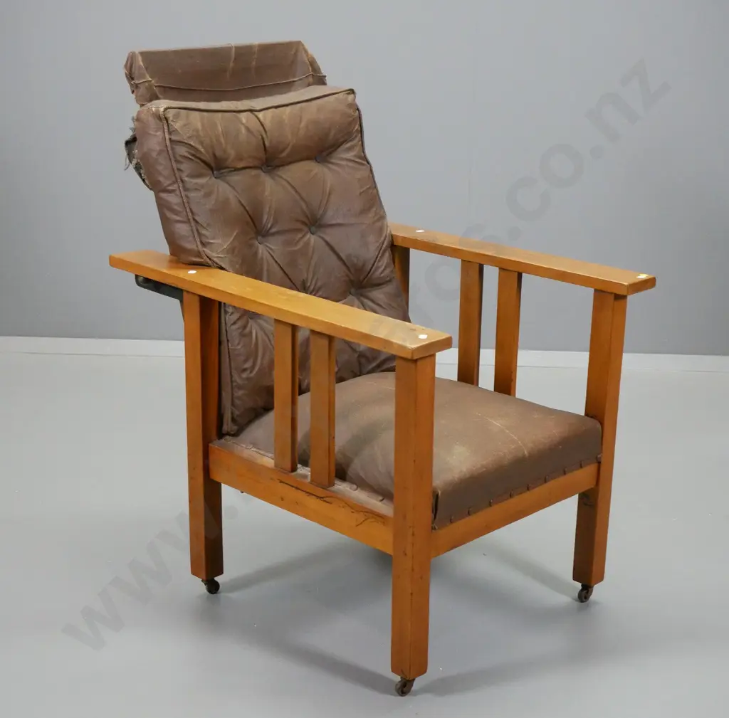 vintage kauri framed arts & crafts Morris chair with original metal back rod, wear & damage to studded brown leatherette Image 1++