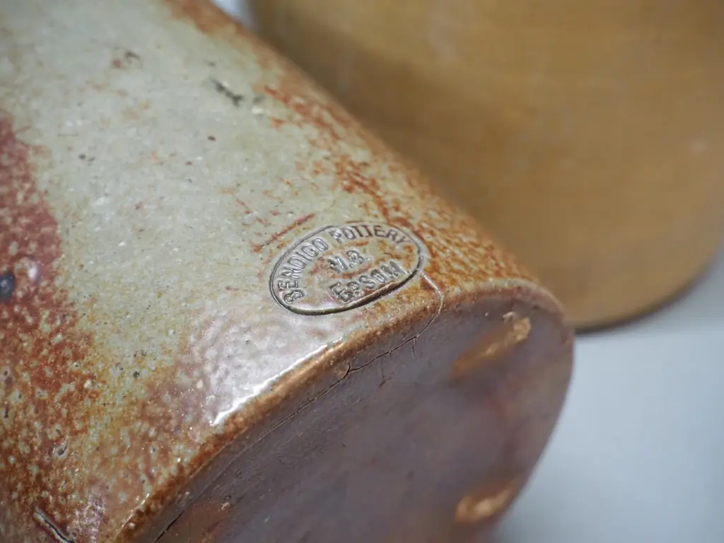 Bendigo Pottery Epsom Australia stoneware crock and Luke Adams Sydenham wide mouth stoneware crock w/cork stopper H-300 Image 1++