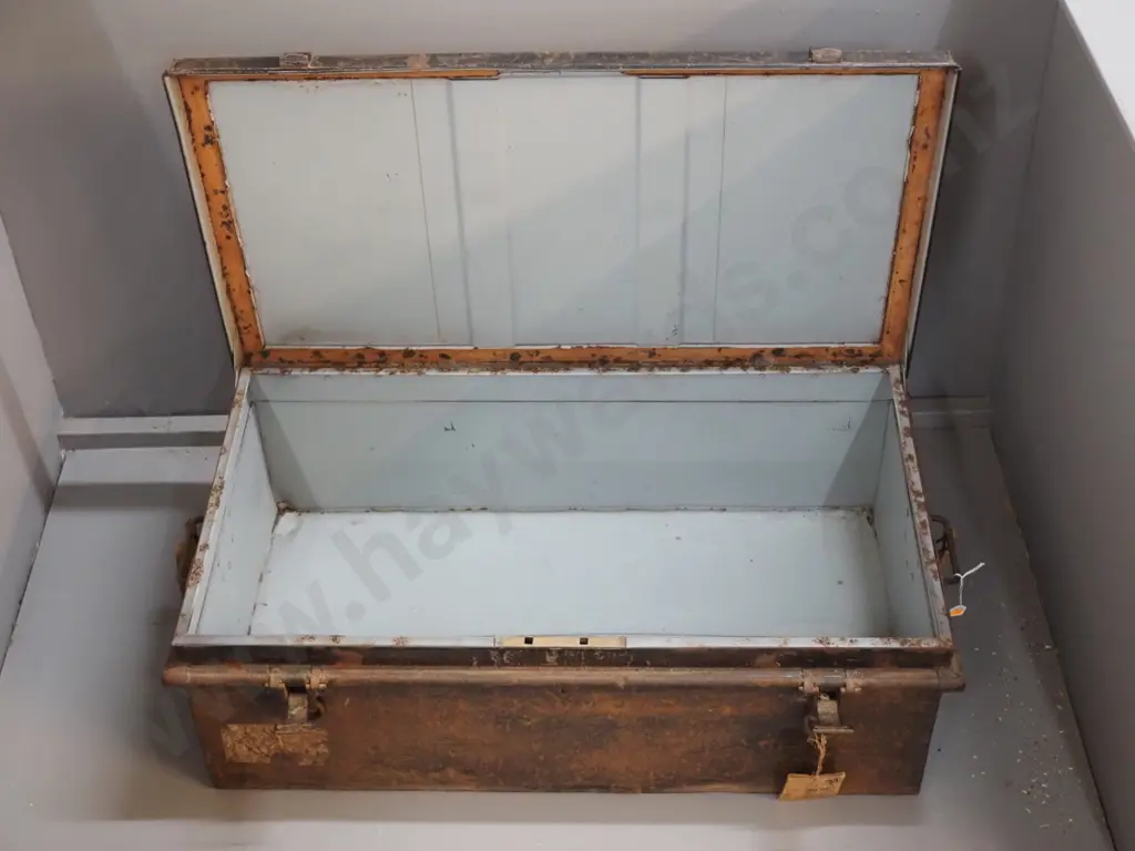 metal trunk / foot locker - marked RO Brown RNZAF - hanging tag marked Oamaru - some damage / corrosion H250 W800 D440 Image 1++